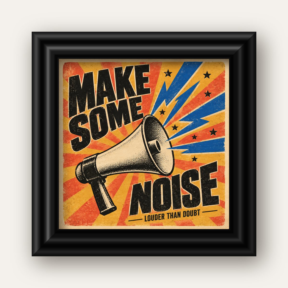 Retro Megafon Poster – Make Some Noise Vintage Duvar Dekoru — siyah galeri çerçeveli