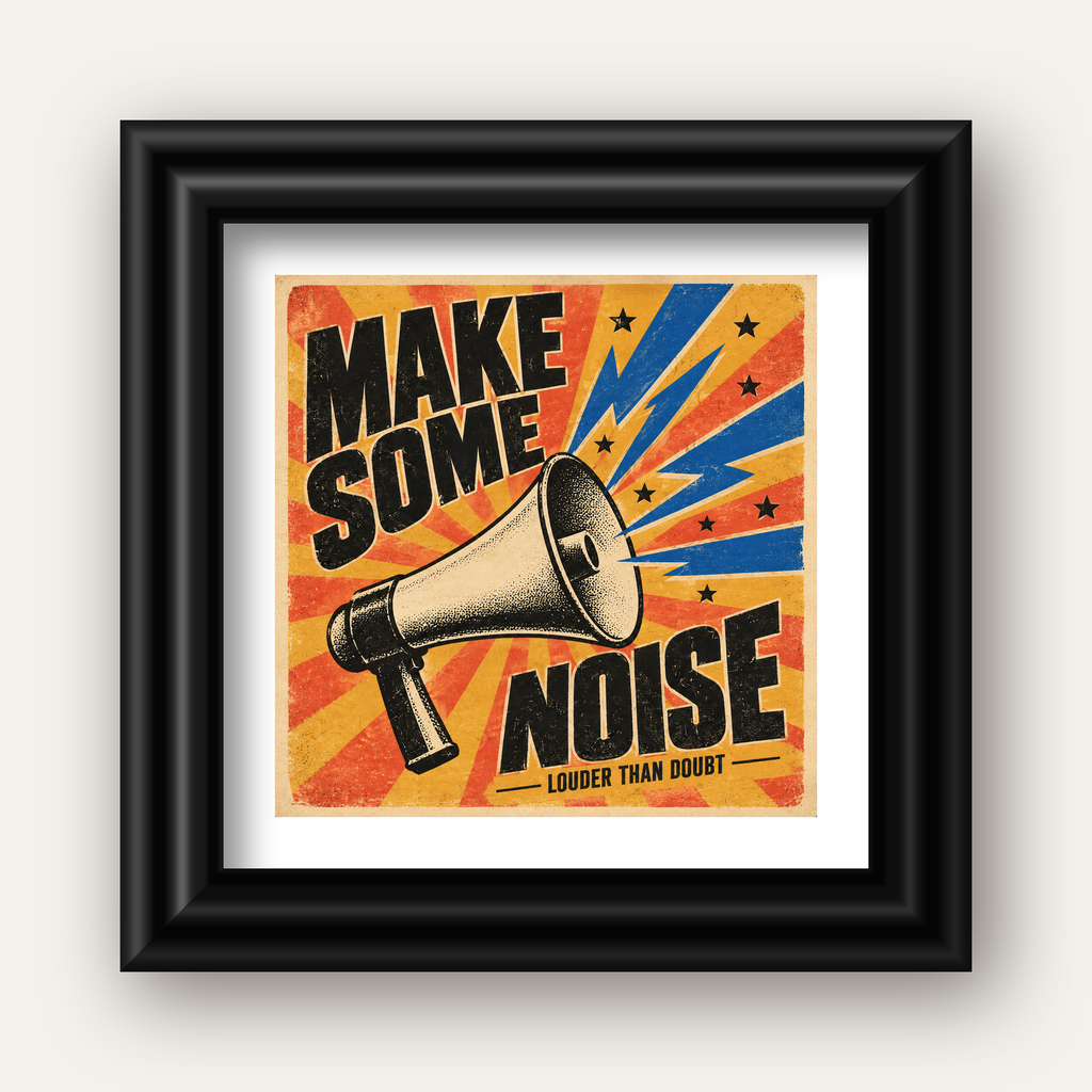 Retro Megafon Poster – Make Some Noise Vintage Duvar Dekoru — siyah galeri çerçeveli paspartulu