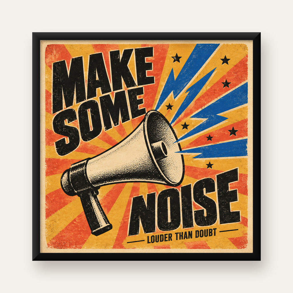 Retro Megafon Poster – Make Some Noise Vintage Duvar Dekoru — Kare baskı, düz siyah çerçeveli duvar posteri