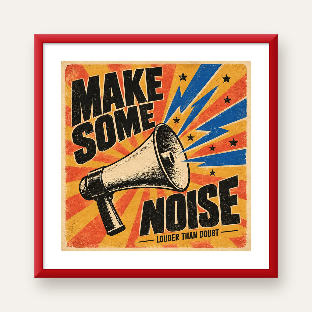 Retro Megafon Poster – Make Some Noise Vintage Duvar Dekoru — kırmızı çerçeveli paspartulu