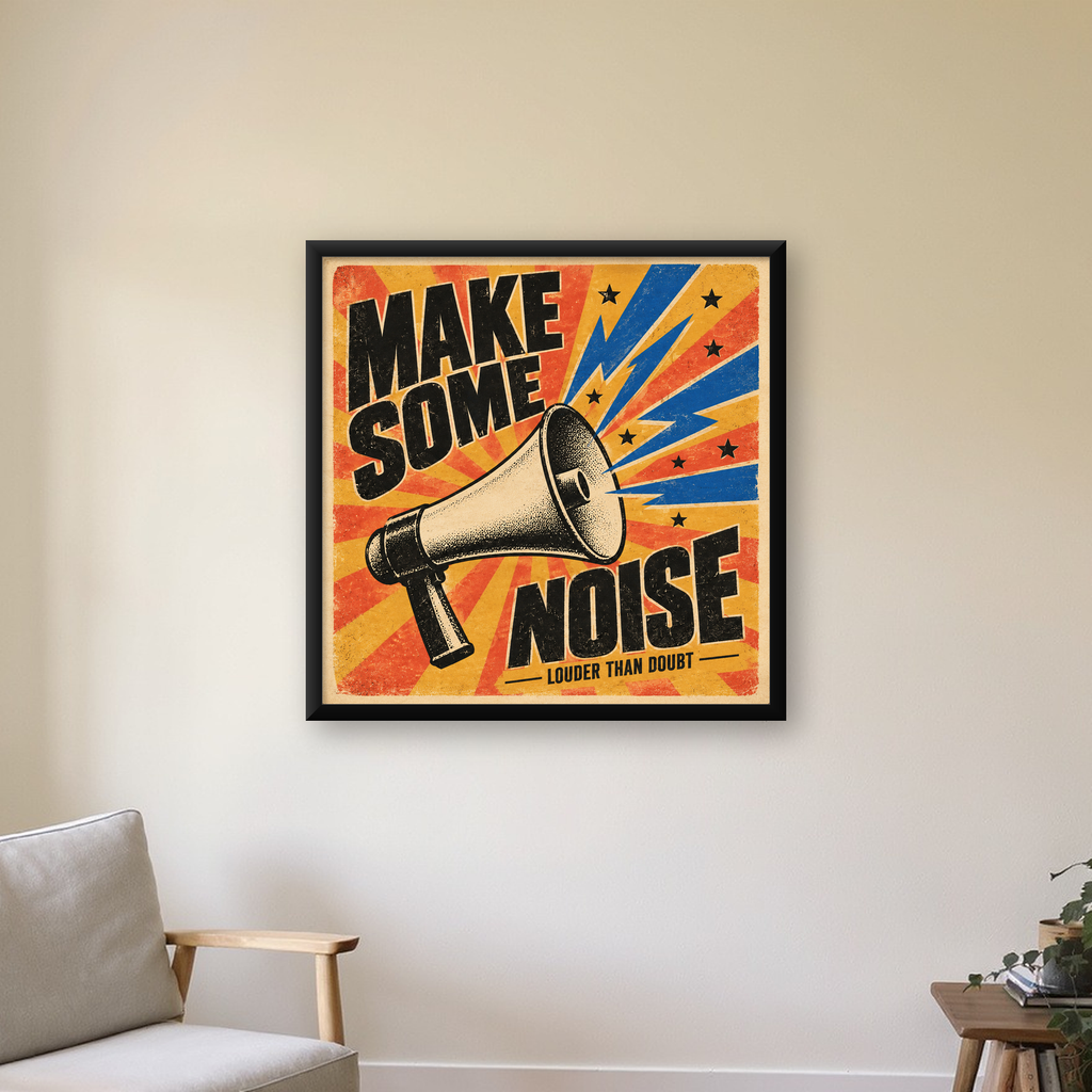 Retro Megafon Poster – Make Some Noise Vintage Duvar Dekoru — Kare baskı, çerçeveli hâliyle bir ev duvarında