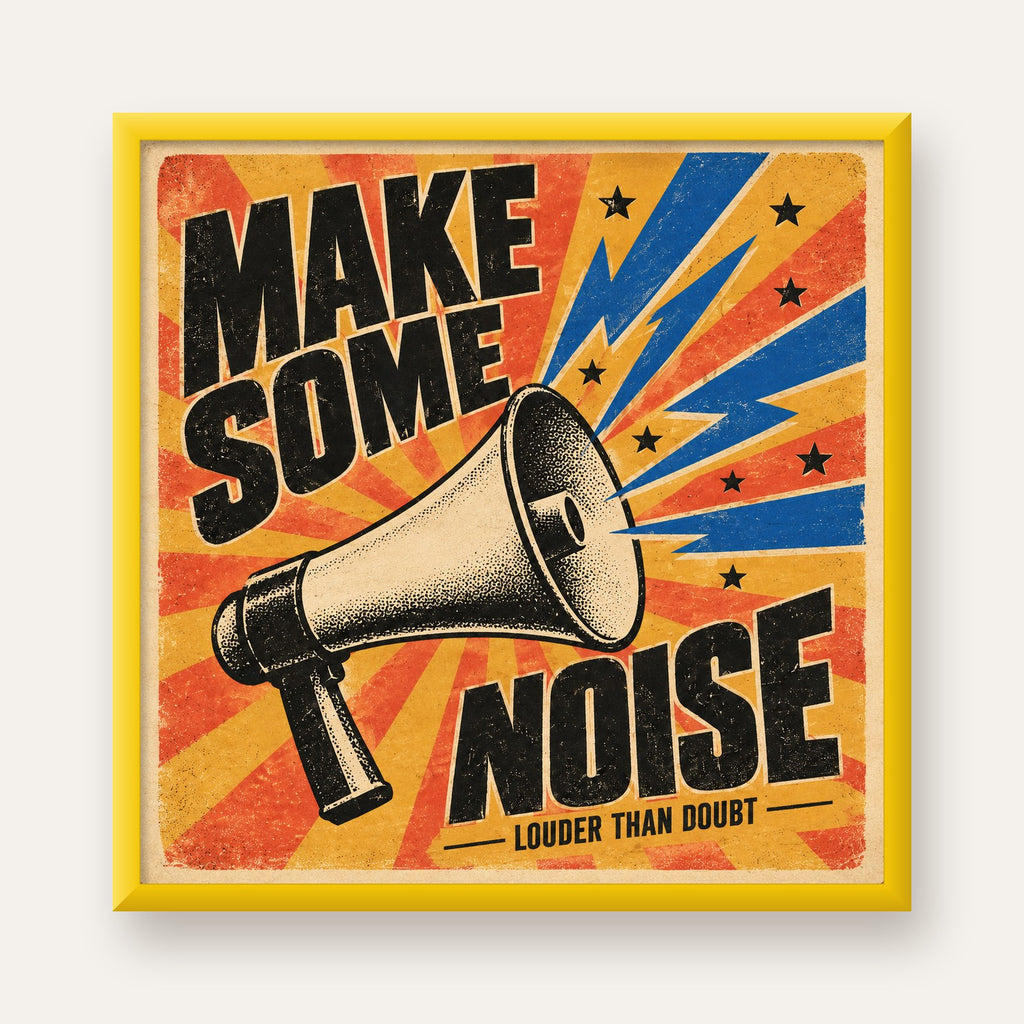 Retro Megafon Poster – Make Some Noise Vintage Duvar Dekoru — sarı çerçeveli