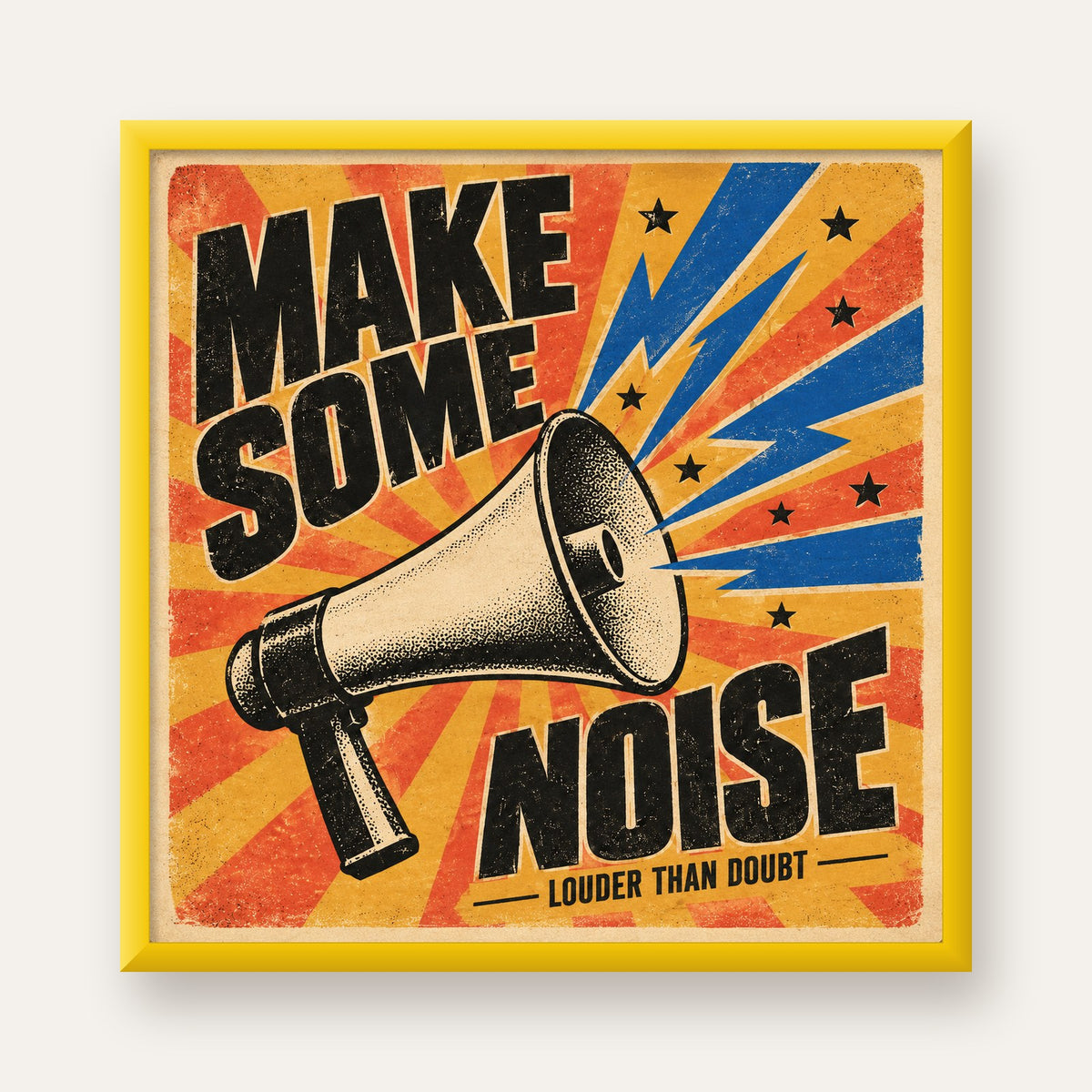 Retro Megafon Poster – Make Some Noise Vintage Duvar Dekoru — sarı çerçeveli