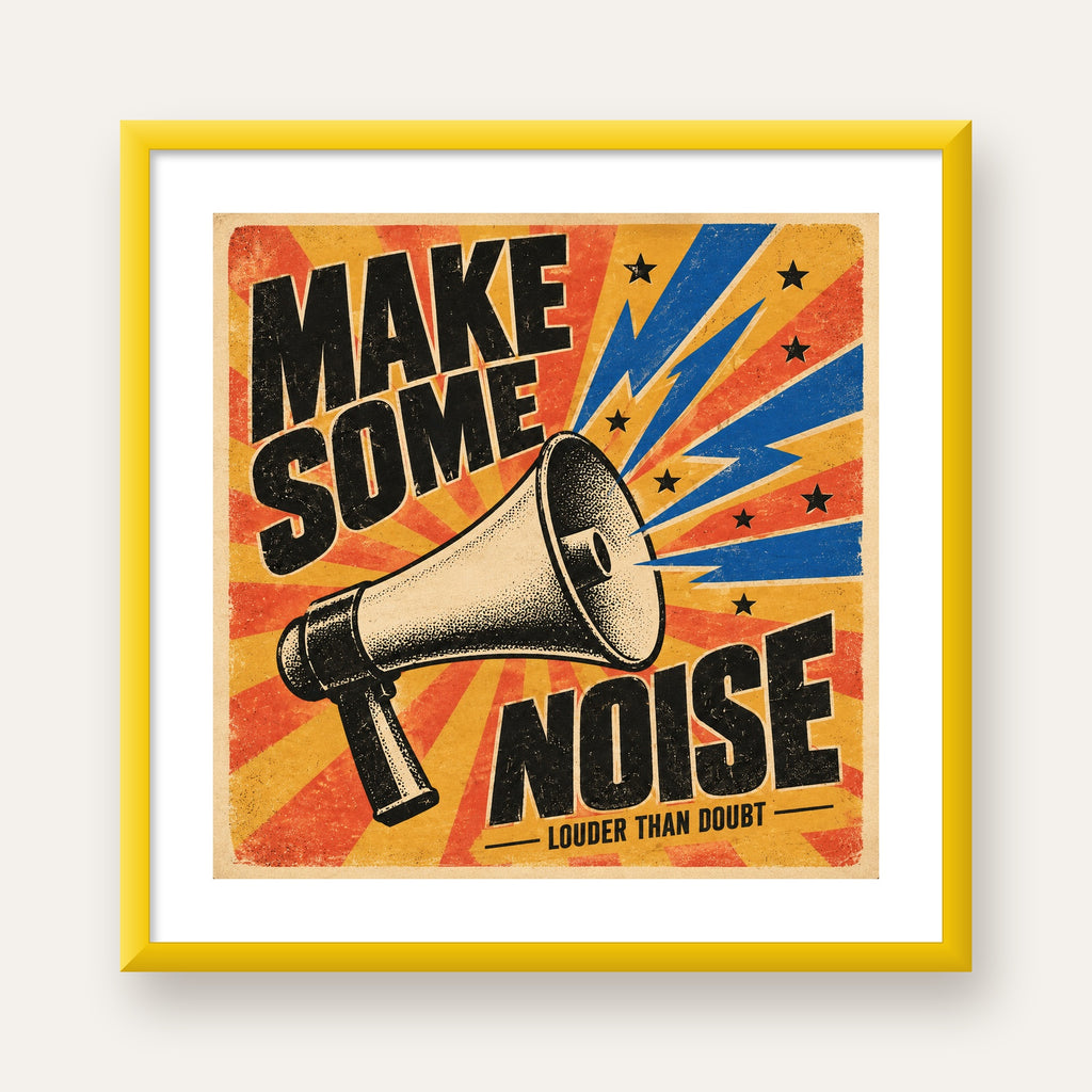 Retro Megafon Poster – Make Some Noise Vintage Duvar Dekoru — sarı çerçeveli paspartulu