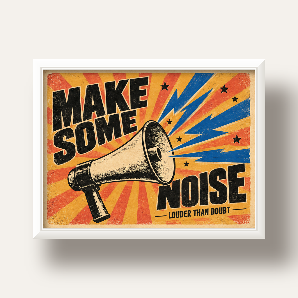 Retro Megafon Poster – Make Some Noise Vintage Duvar Dekoru — beyaz derin çerçeveli