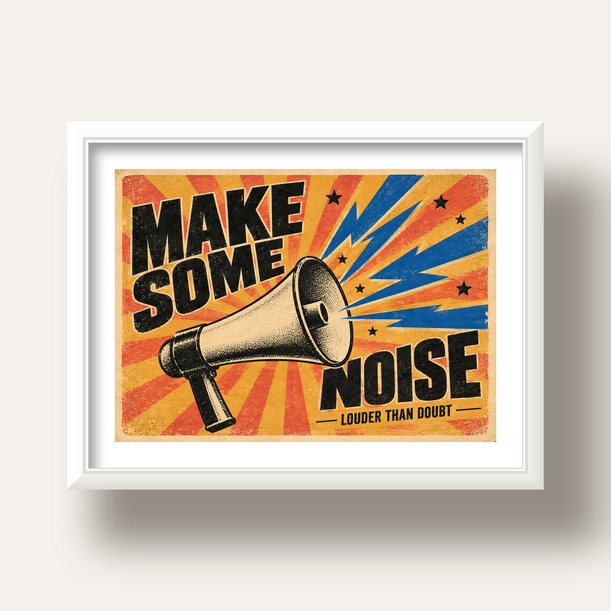 Retro Megafon Poster – Make Some Noise Vintage Duvar Dekoru — beyaz derin çerçeveli paspartulu