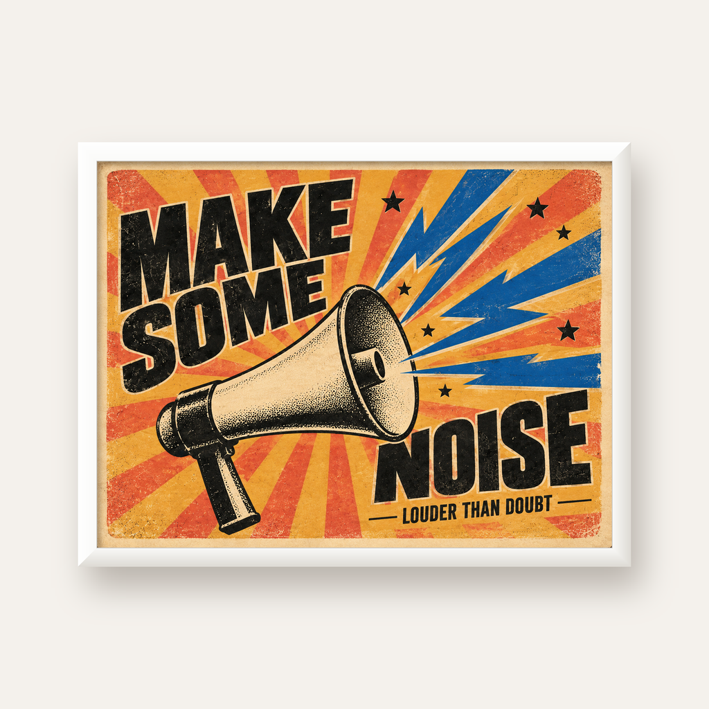 Retro Megafon Poster – Make Some Noise Vintage Duvar Dekoru — beyaz çerçeveli yatay poster