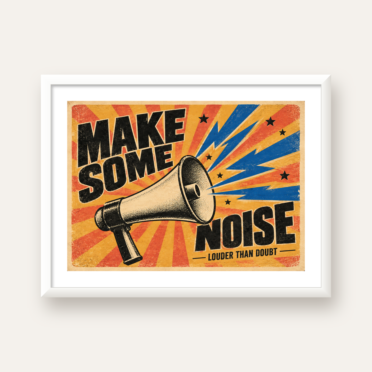 Retro Megafon Poster – Make Some Noise Vintage Duvar Dekoru — beyaz çerçeveli yatay poster