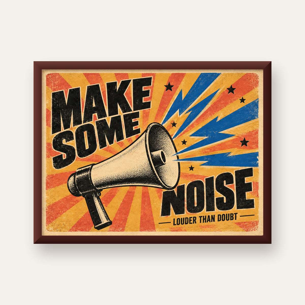 Retro Megafon Poster – Make Some Noise Vintage Duvar Dekoru — ceviz çerçeveli