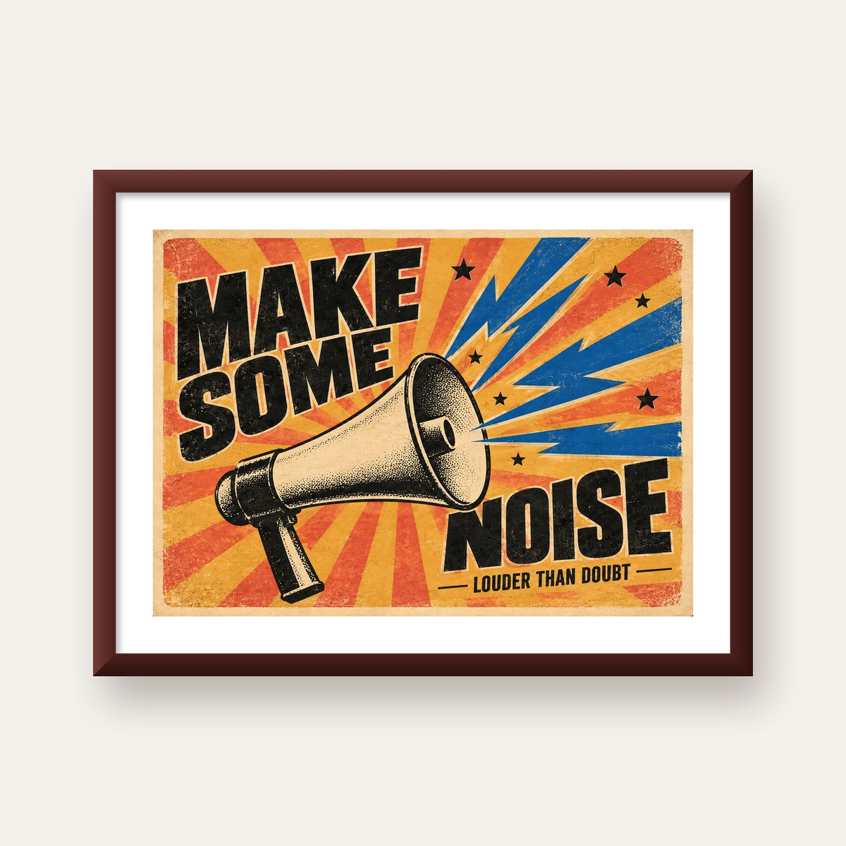 Retro Megafon Poster – Make Some Noise Vintage Duvar Dekoru — ceviz çerçeveli paspartulu
