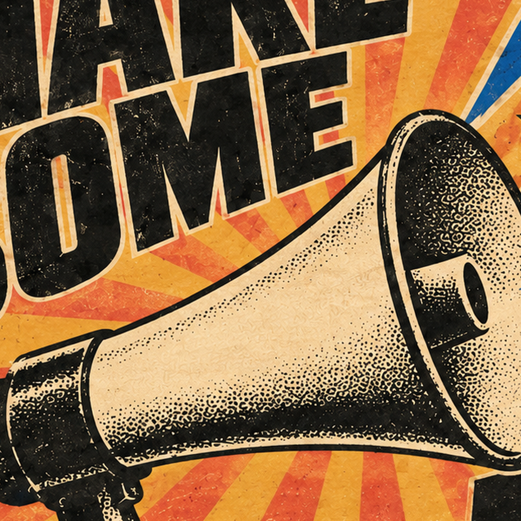 Retro Megafon Poster – Make Some Noise Vintage Duvar Dekoru — baskının yakın çekimi, kâğıt dokusu ve renk detayı