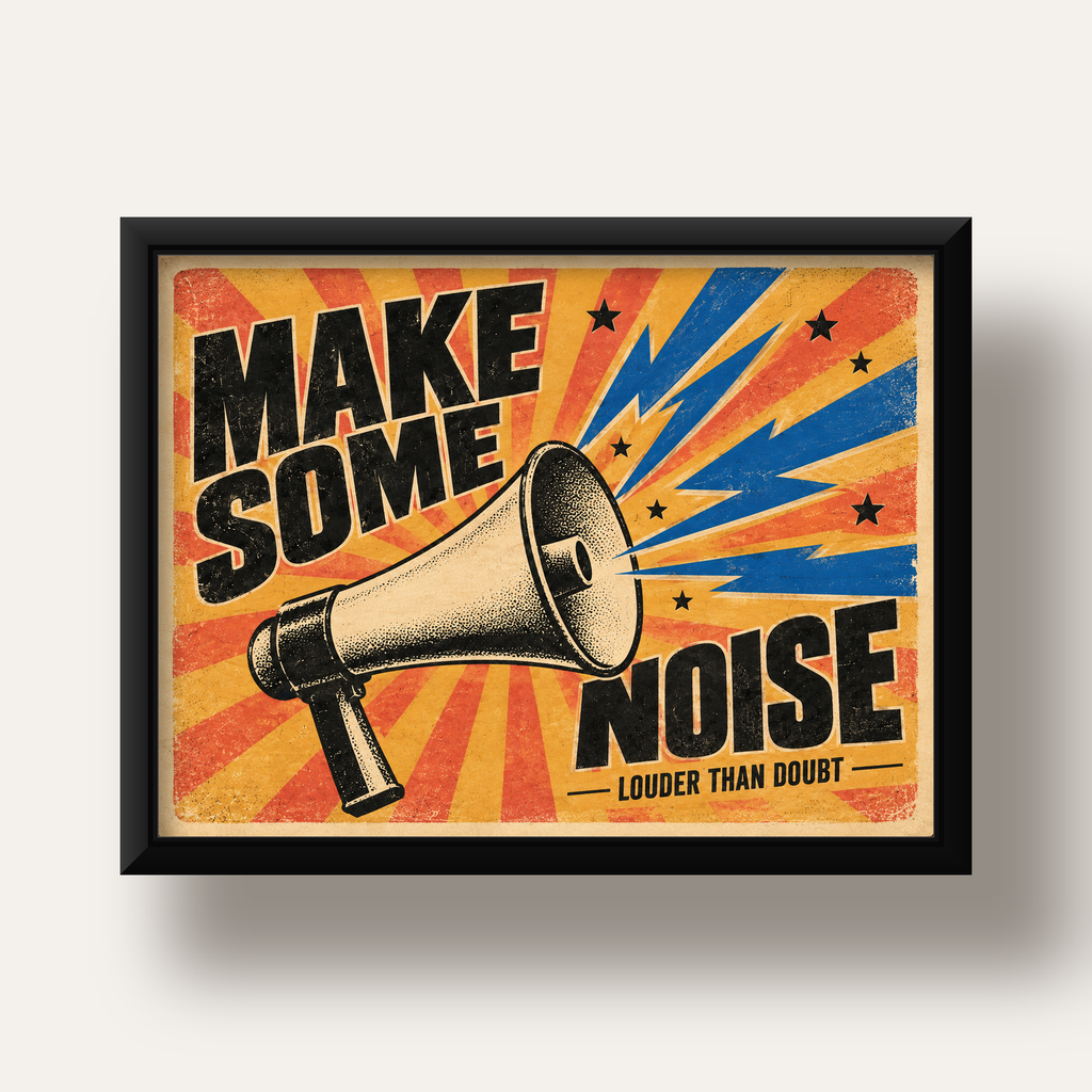 Retro Megafon Poster – Make Some Noise Vintage Duvar Dekoru — siyah derin çerçeveli
