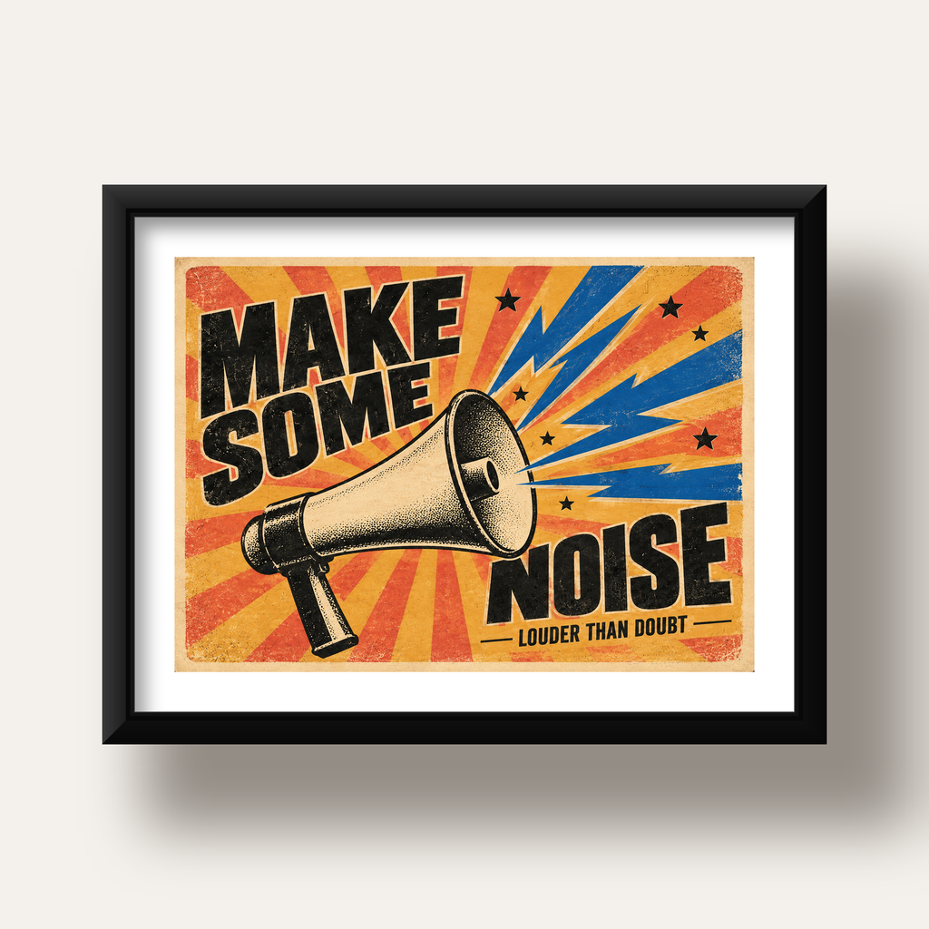 Retro Megafon Poster – Make Some Noise Vintage Duvar Dekoru — siyah derin çerçeveli paspartulu