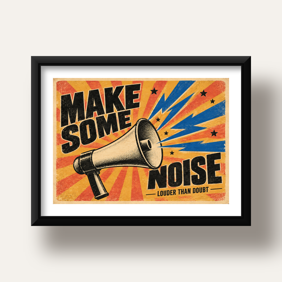 Retro Megafon Poster – Make Some Noise Vintage Duvar Dekoru — siyah derin çerçeveli paspartulu