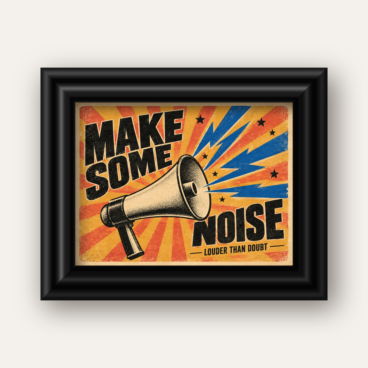 Retro Megafon Poster – Make Some Noise Vintage Duvar Dekoru — siyah galeri çerçeveli