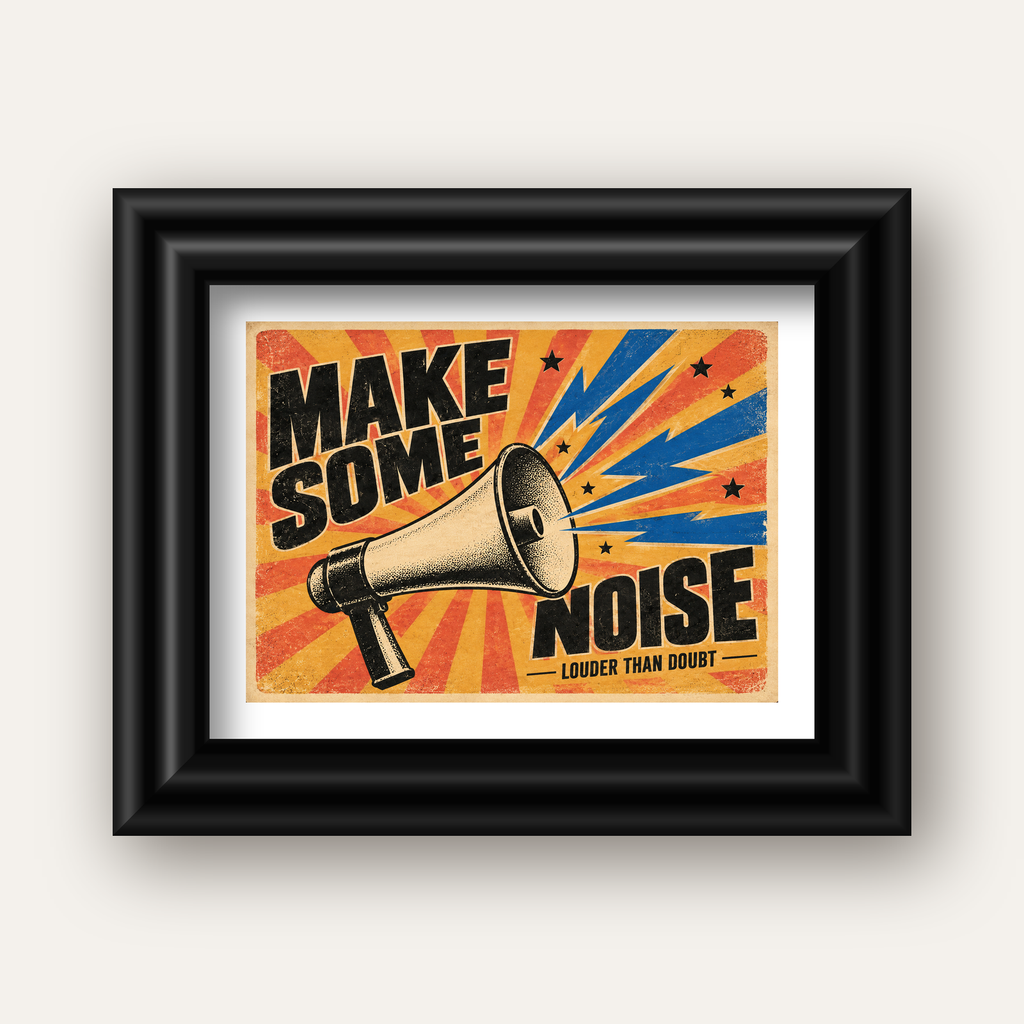 Retro Megafon Poster – Make Some Noise Vintage Duvar Dekoru — siyah galeri çerçeveli paspartulu