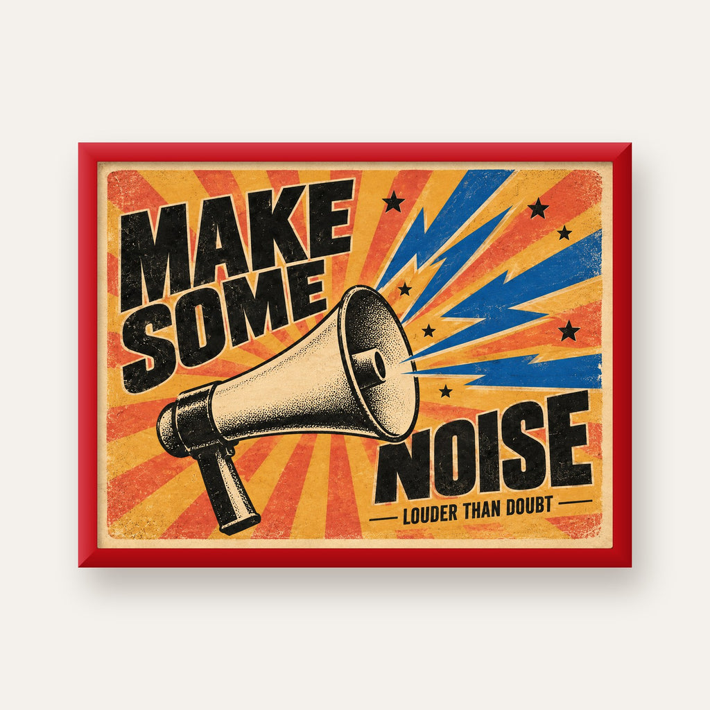 Retro Megafon Poster – Make Some Noise Vintage Duvar Dekoru — kırmızı çerçeveli
