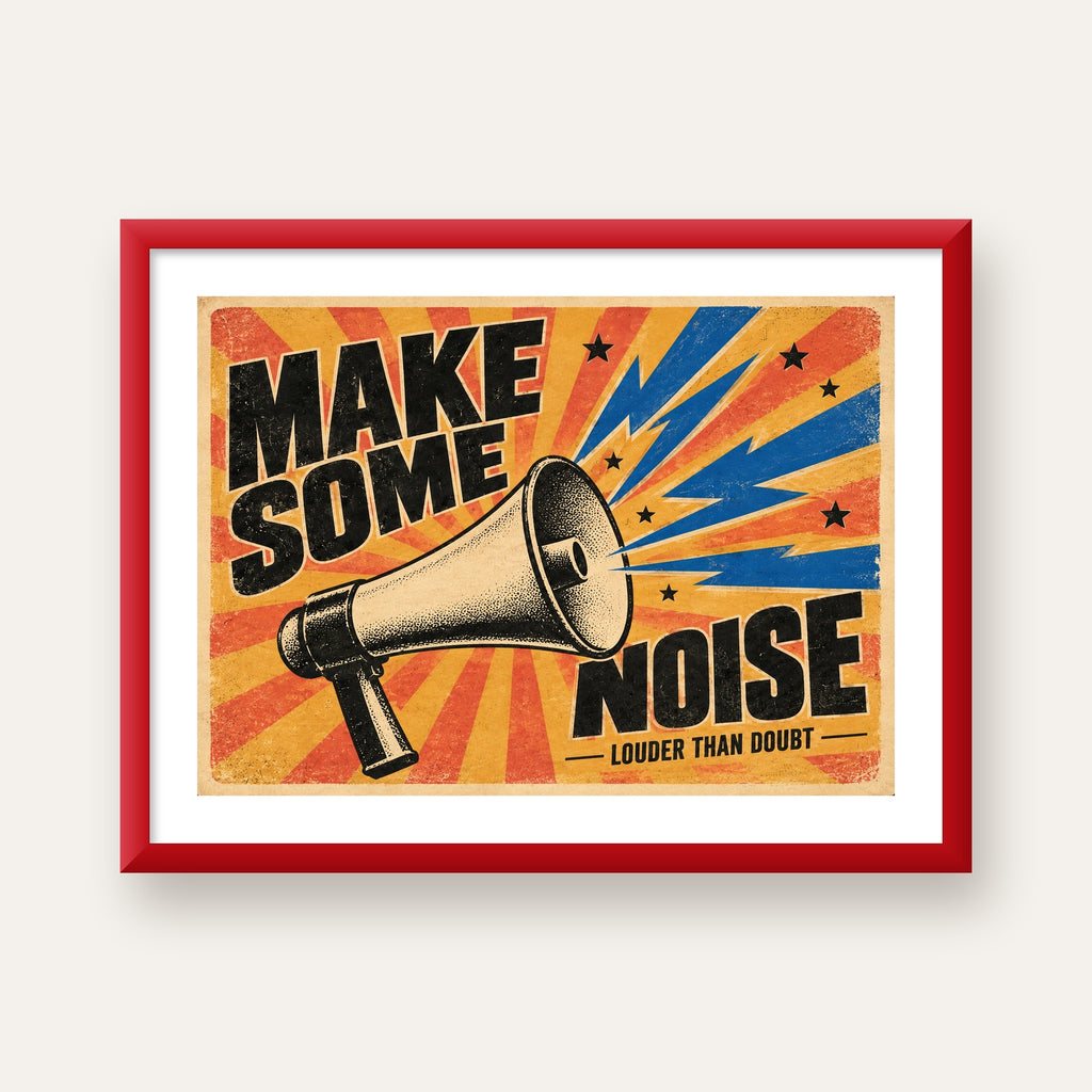 Retro Megafon Poster – Make Some Noise Vintage Duvar Dekoru — kırmızı çerçeveli paspartulu