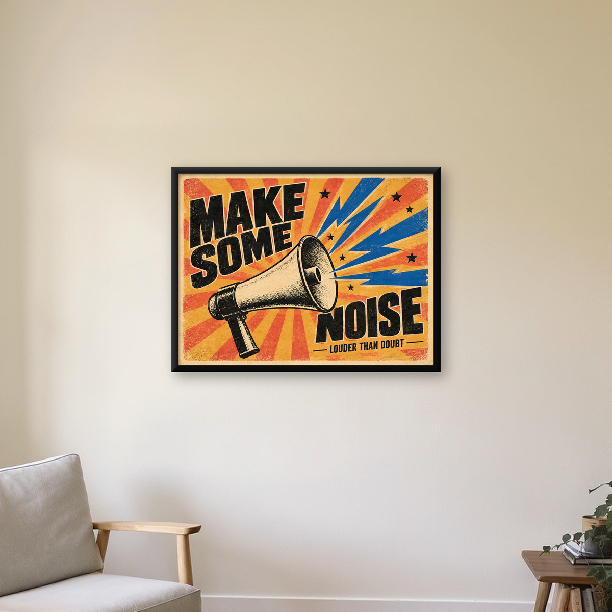 Retro Megafon Poster – Make Some Noise Vintage Duvar Dekoru — Yatay baskı, çerçeveli hâliyle bir ev duvarında