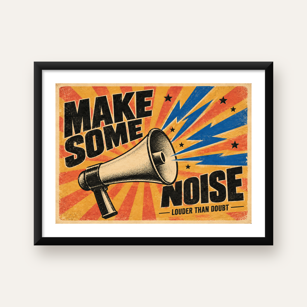 Retro Megafon Poster – Make Some Noise Vintage Duvar Dekoru — Yatay baskı, beyaz paspartulu