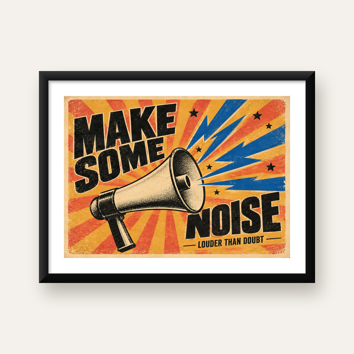 Retro Megafon Poster – Make Some Noise Vintage Duvar Dekoru — Yatay baskı, beyaz paspartulu