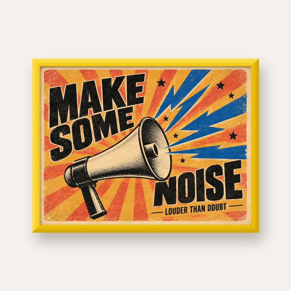 Retro Megafon Poster – Make Some Noise Vintage Duvar Dekoru — sarı çerçeveli