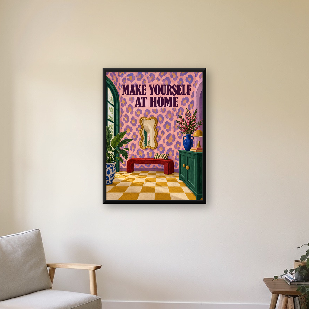 Renkli İç Mekan Poster – Modern ve Eğlenceli Dekor Baskısı — Dikey baskı, çerçeveli hâliyle bir ev duvarında