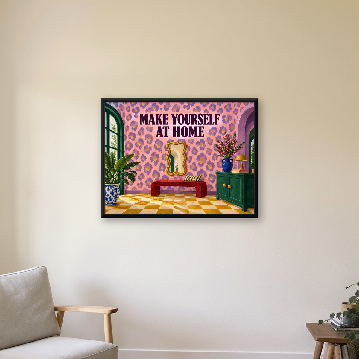 Renkli İç Mekan Poster – Modern ve Eğlenceli Dekor Baskısı — Yatay baskı, çerçeveli hâliyle bir ev duvarında