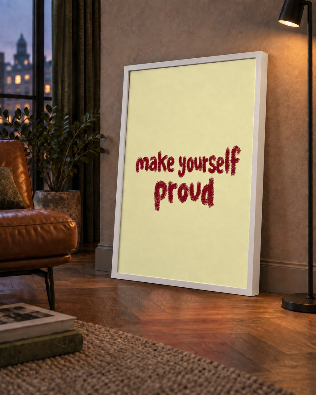 Make Yourself Proud - İLham Verici Tipografik Poster — çerçeveli hâliyle bir ev duvarında