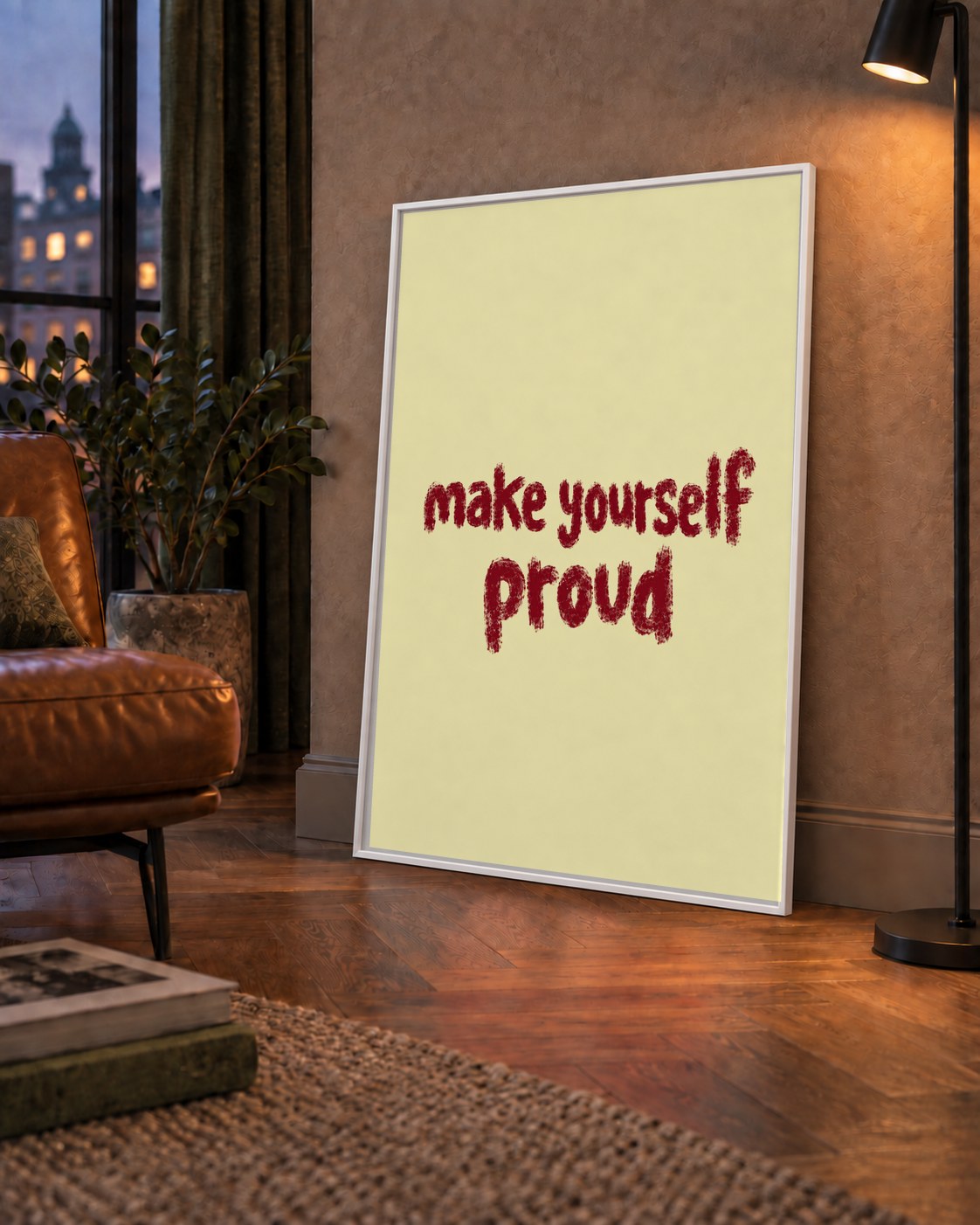 Make Yourself Proud - İLham Verici Tipografik Poster — çerçeveli hâliyle bir ev duvarında