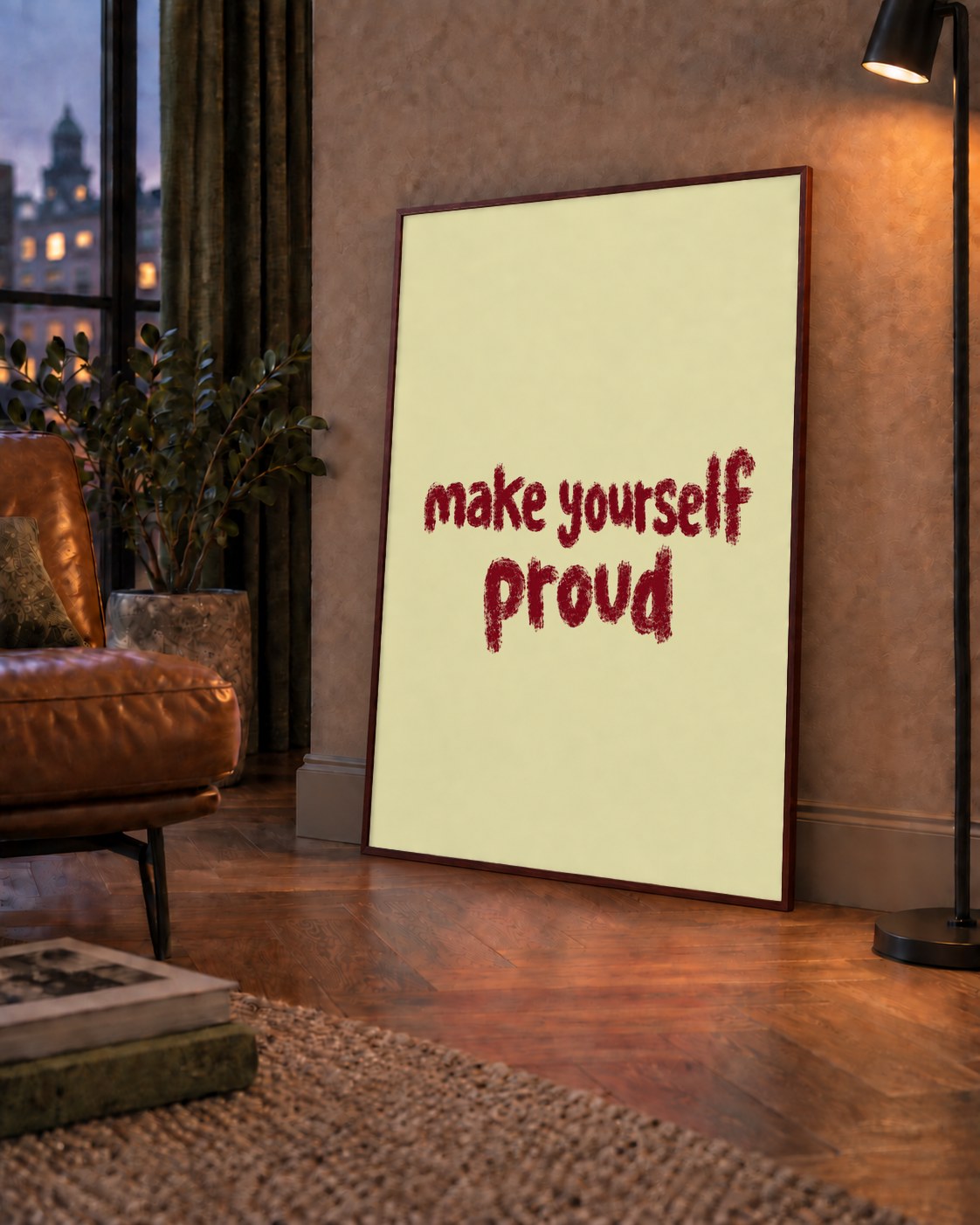 Make Yourself Proud - İLham Verici Tipografik Poster — çerçeveli hâliyle bir ev duvarında