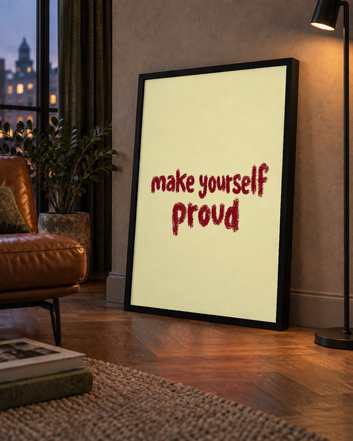Make Yourself Proud - İLham Verici Tipografik Poster — çerçeveli hâliyle bir ev duvarında