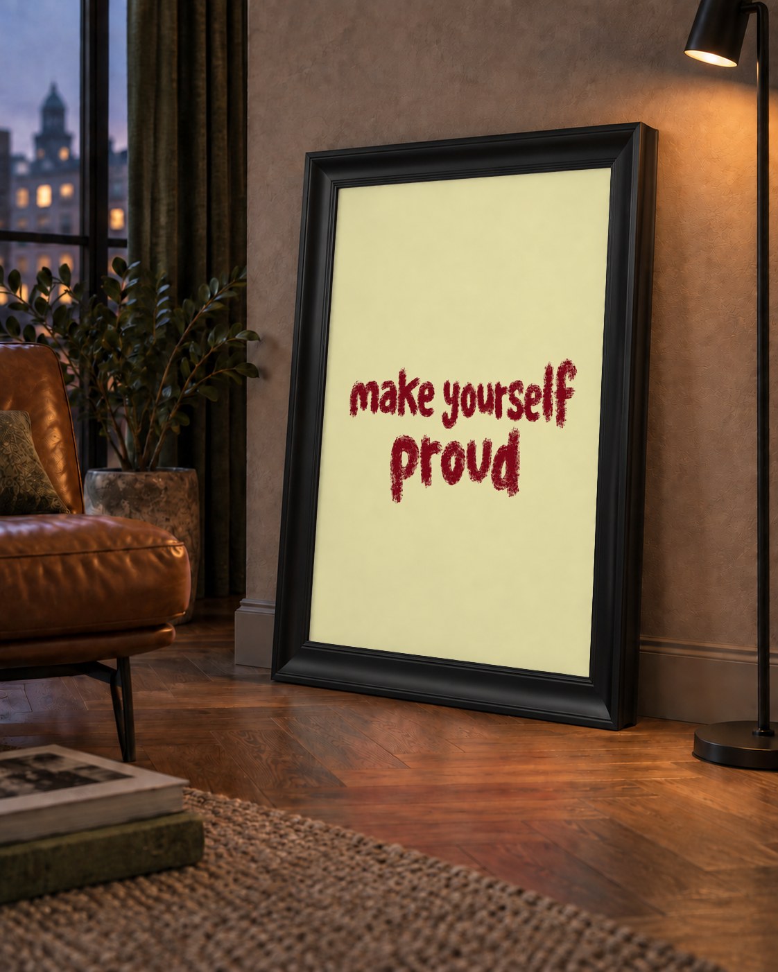 Make Yourself Proud - İLham Verici Tipografik Poster — çerçeveli hâliyle bir ev duvarında
