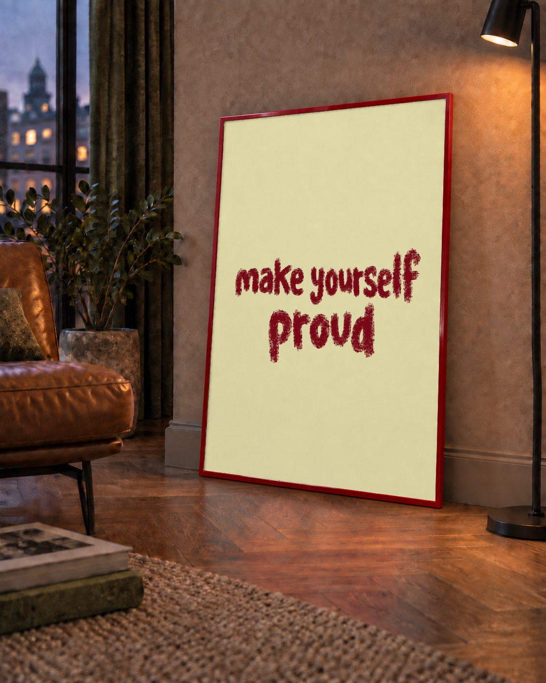 Make Yourself Proud - İLham Verici Tipografik Poster — çerçeveli hâliyle bir ev duvarında