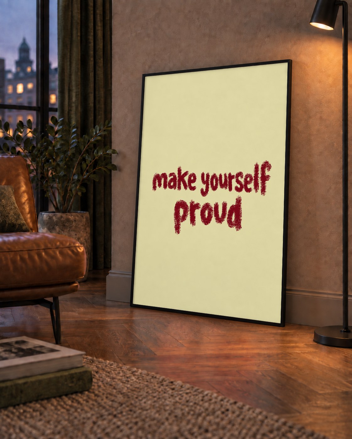 Make Yourself Proud - İLham Verici Tipografik Poster — çerçeveli hâliyle bir ev duvarında