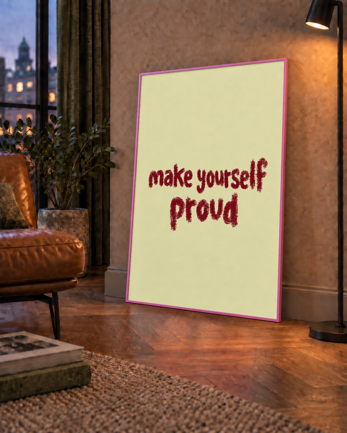 Make Yourself Proud - İLham Verici Tipografik Poster — çerçeveli hâliyle bir ev duvarında