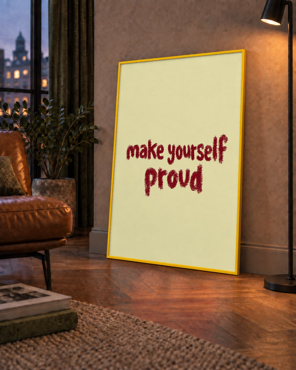 Make Yourself Proud - İLham Verici Tipografik Poster — çerçeveli hâliyle bir ev duvarında
