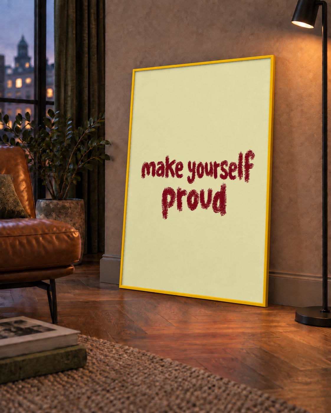 Make Yourself Proud - İLham Verici Tipografik Poster — çerçeveli hâliyle bir ev duvarında