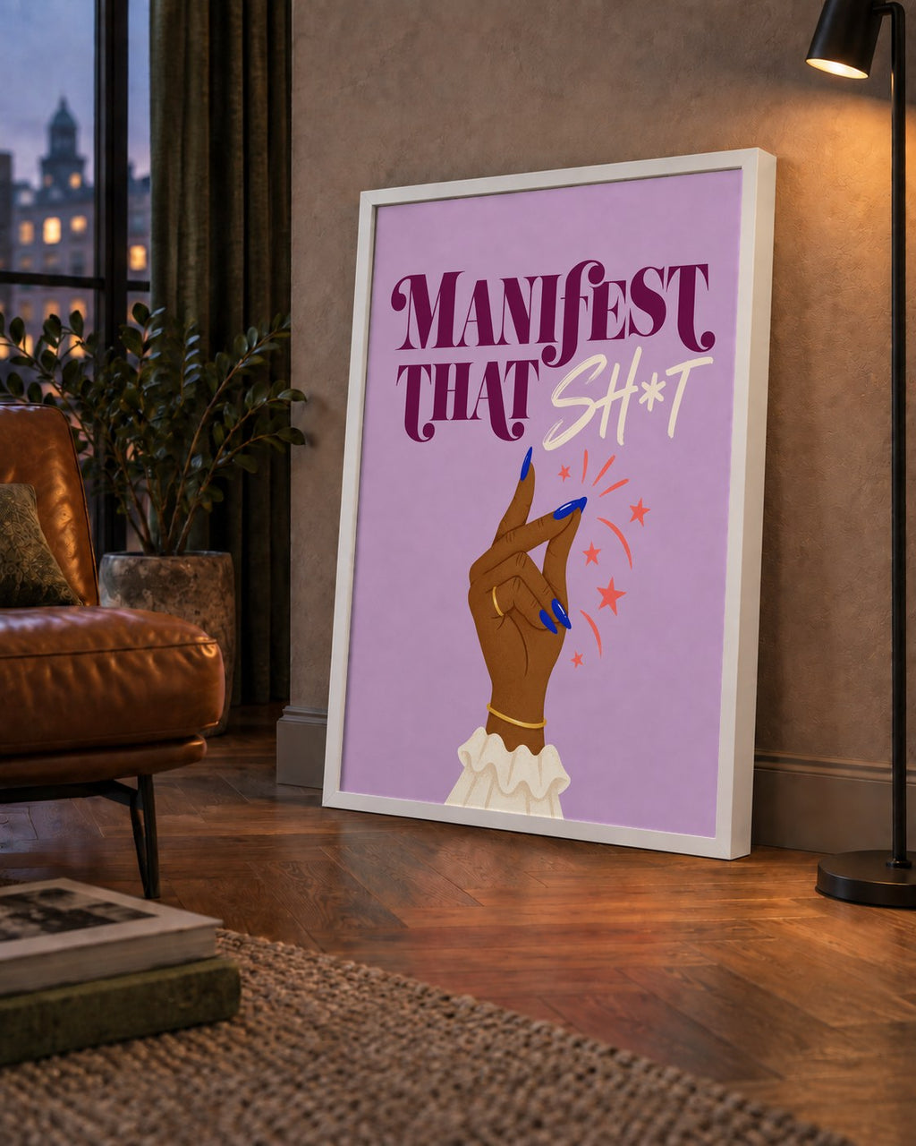 Manifest That Sh*t Renkli Tipografi Poster — çerçeveli hâliyle bir ev duvarında