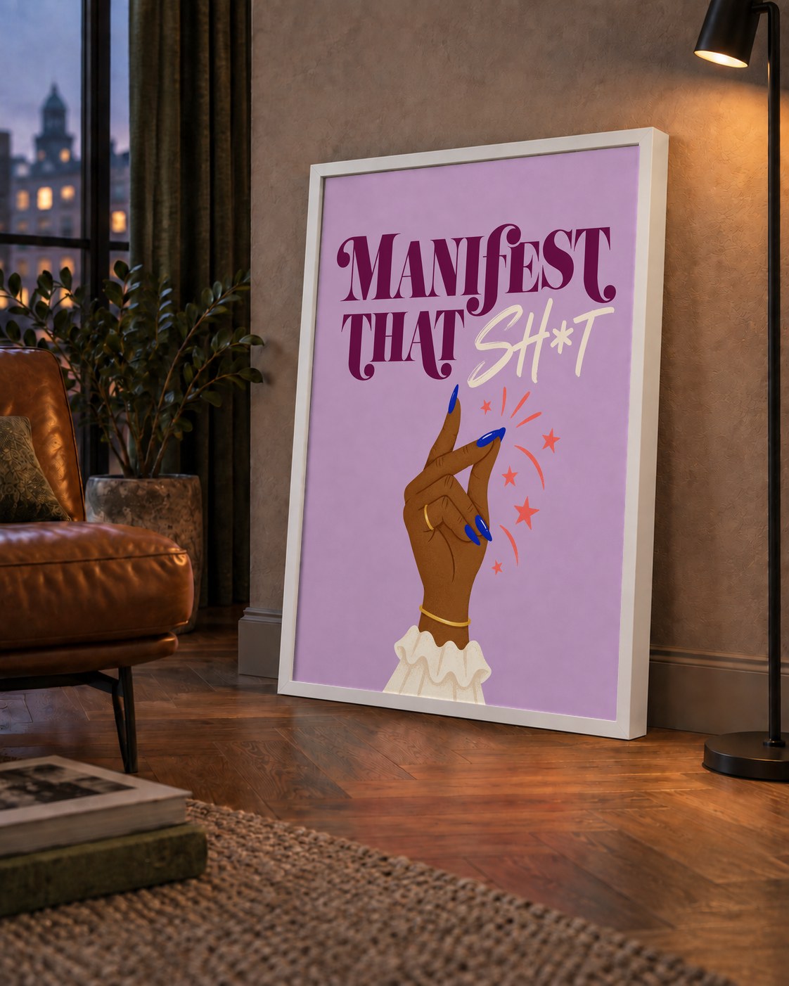 Manifest That Sh*t Renkli Tipografi Poster — çerçeveli hâliyle bir ev duvarında