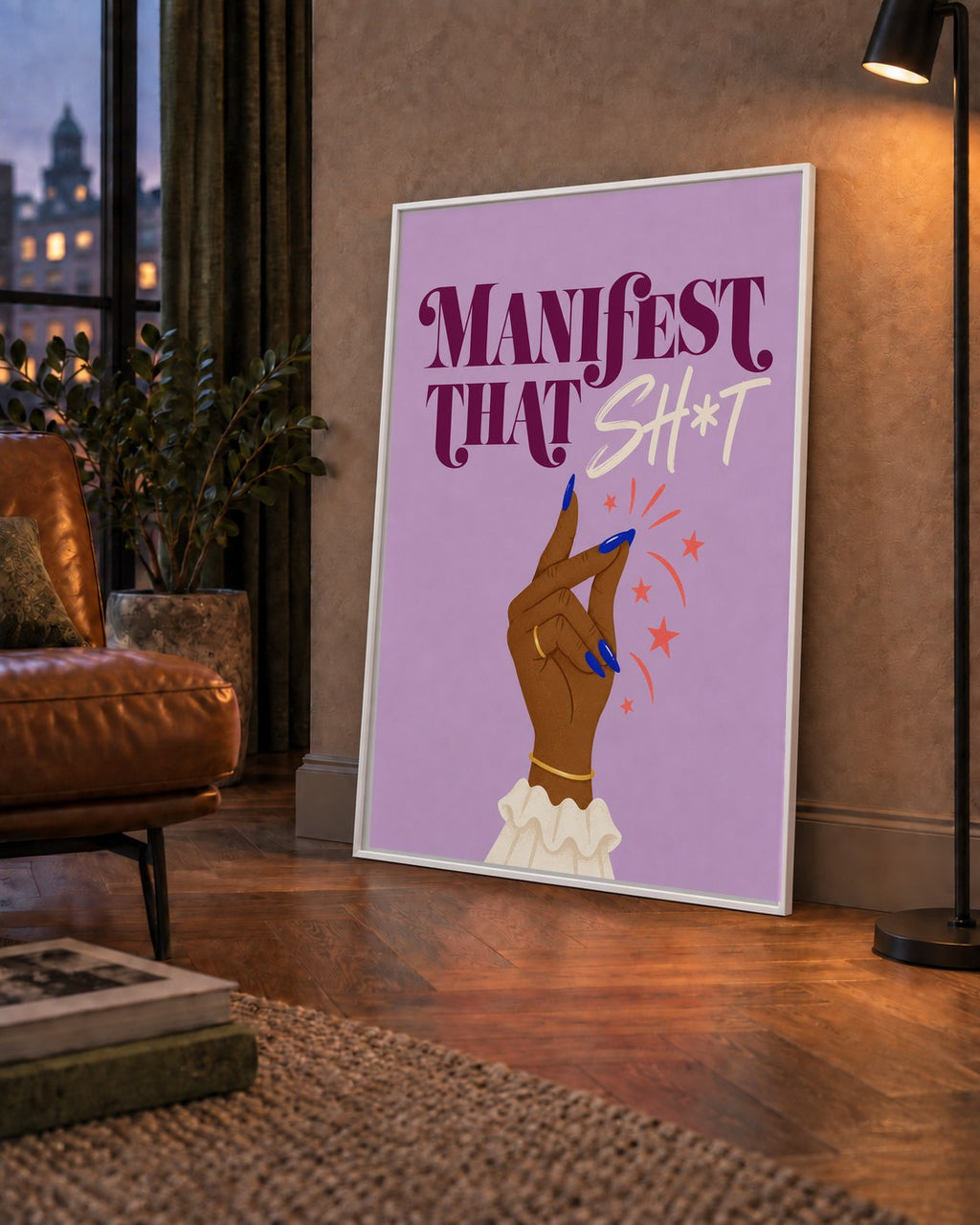 Manifest That Sh*t Renkli Tipografi Poster — çerçeveli hâliyle bir ev duvarında
