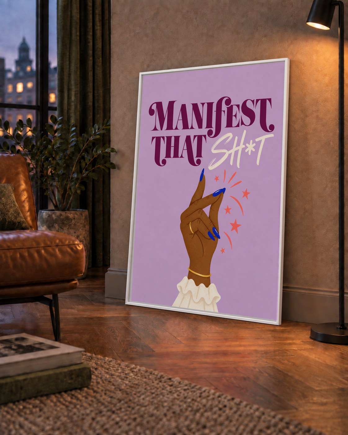 Manifest That Sh*t Renkli Tipografi Poster — çerçeveli hâliyle bir ev duvarında
