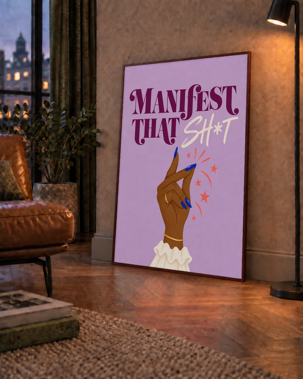 Manifest That Sh*t Renkli Tipografi Poster — çerçeveli hâliyle bir ev duvarında
