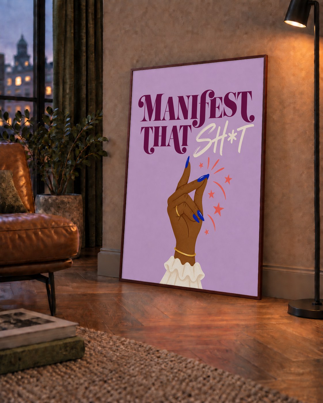 Manifest That Sh*t Renkli Tipografi Poster — çerçeveli hâliyle bir ev duvarında