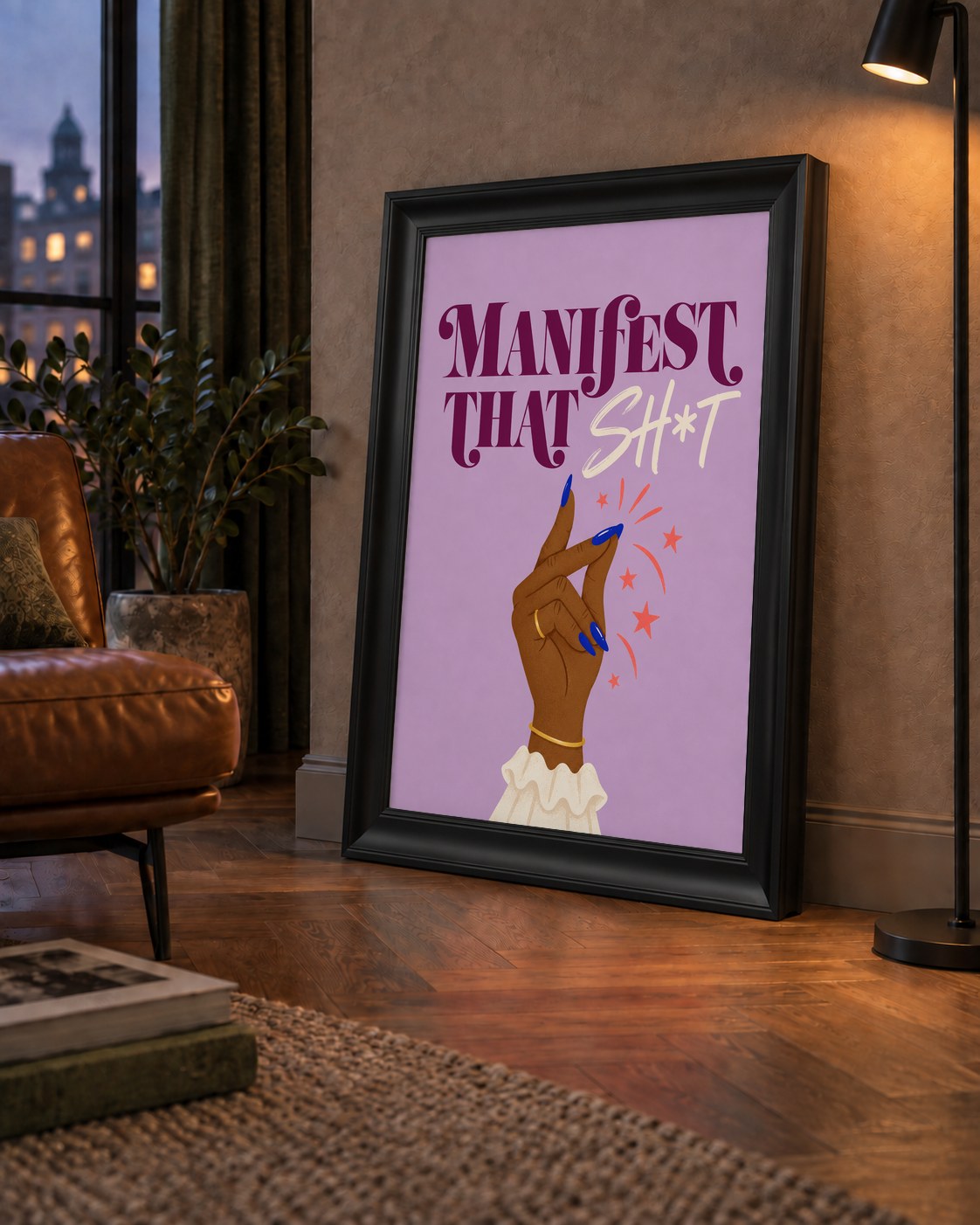 Manifest That Sh*t Renkli Tipografi Poster — çerçeveli hâliyle bir ev duvarında