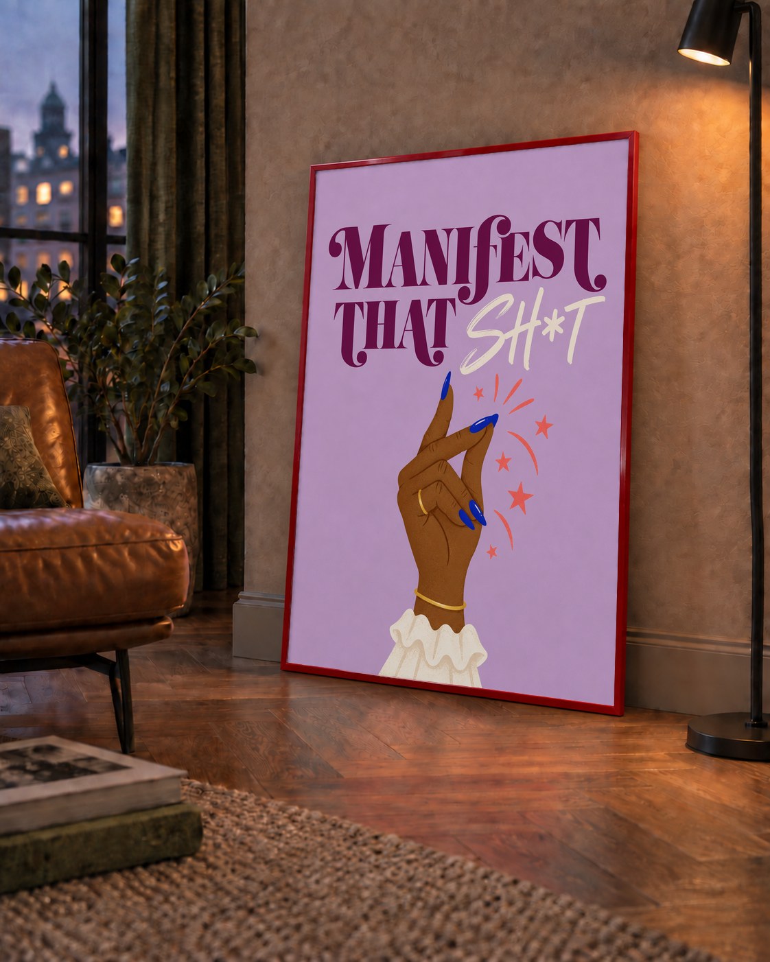 Manifest That Sh*t Renkli Tipografi Poster — çerçeveli hâliyle bir ev duvarında
