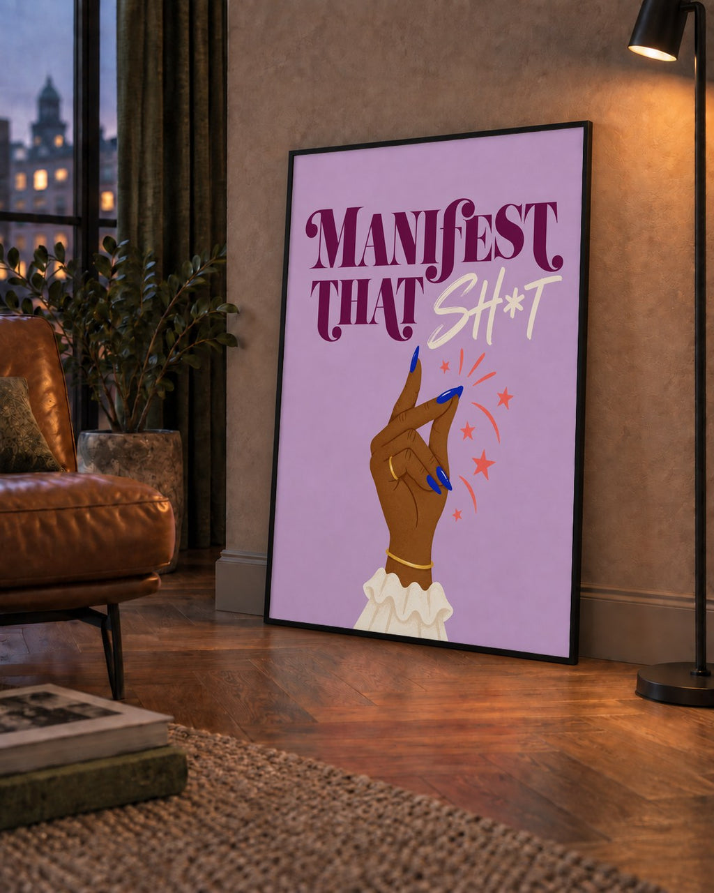 Manifest That Sh*t Renkli Tipografi Poster — çerçeveli hâliyle bir ev duvarında