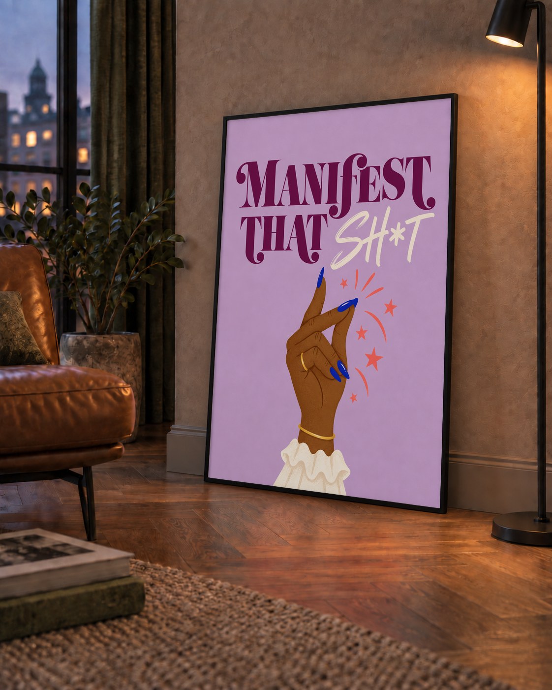 Manifest That Sh*t Renkli Tipografi Poster — çerçeveli hâliyle bir ev duvarında