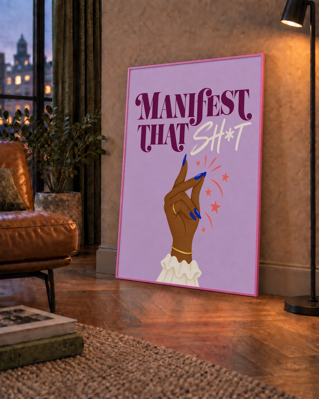 Manifest That Sh*t Renkli Tipografi Poster — çerçeveli hâliyle bir ev duvarında