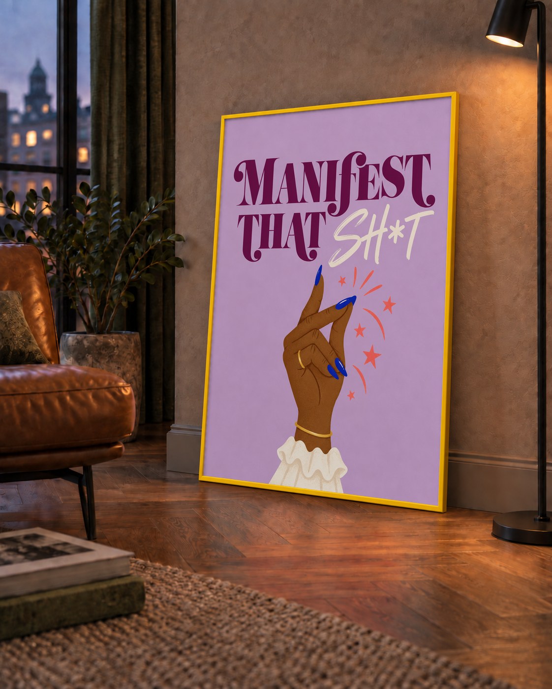 Manifest That Sh*t Renkli Tipografi Poster — çerçeveli hâliyle bir ev duvarında